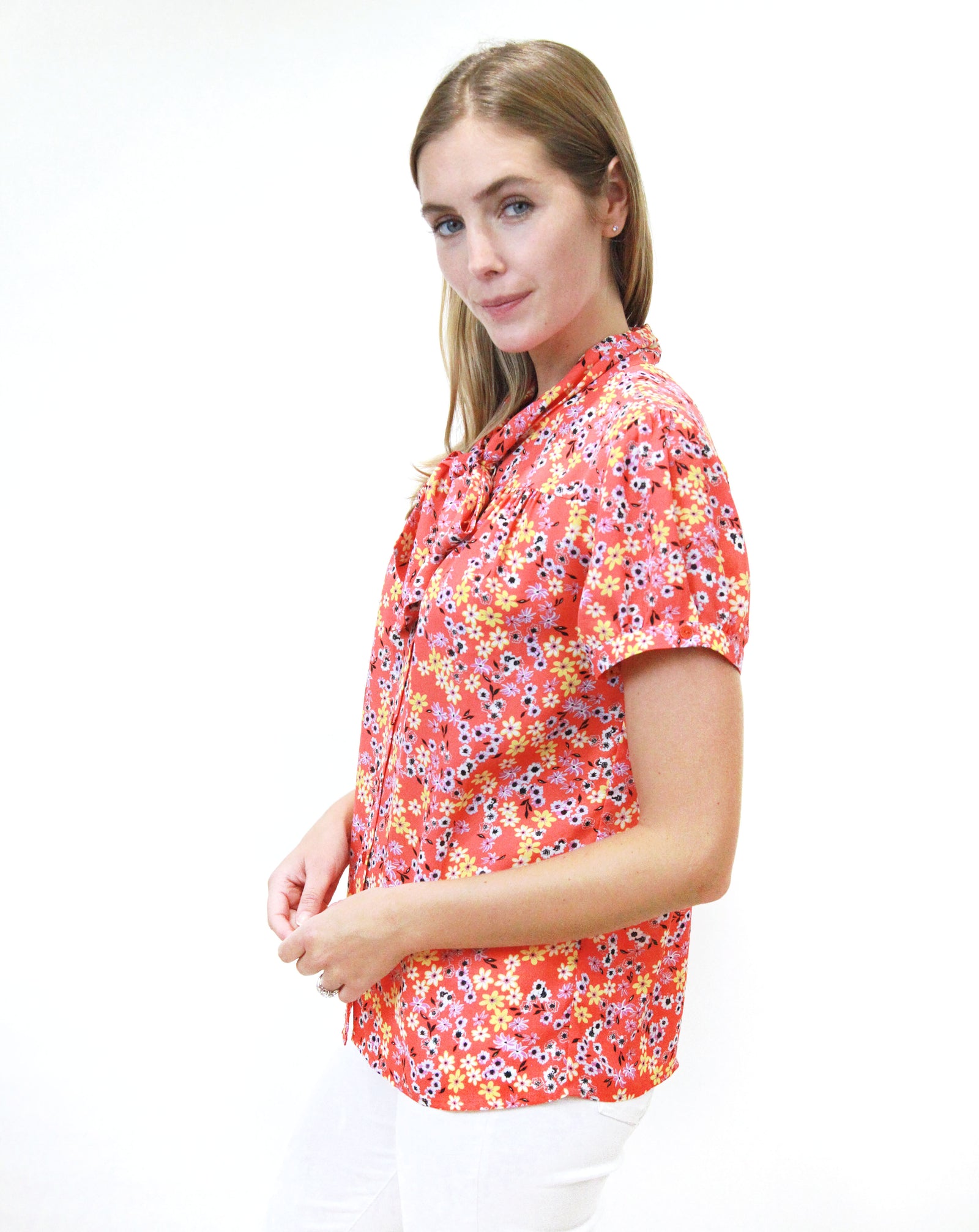 Tie Neck Short Sleeve Blouse – Violet+Claire